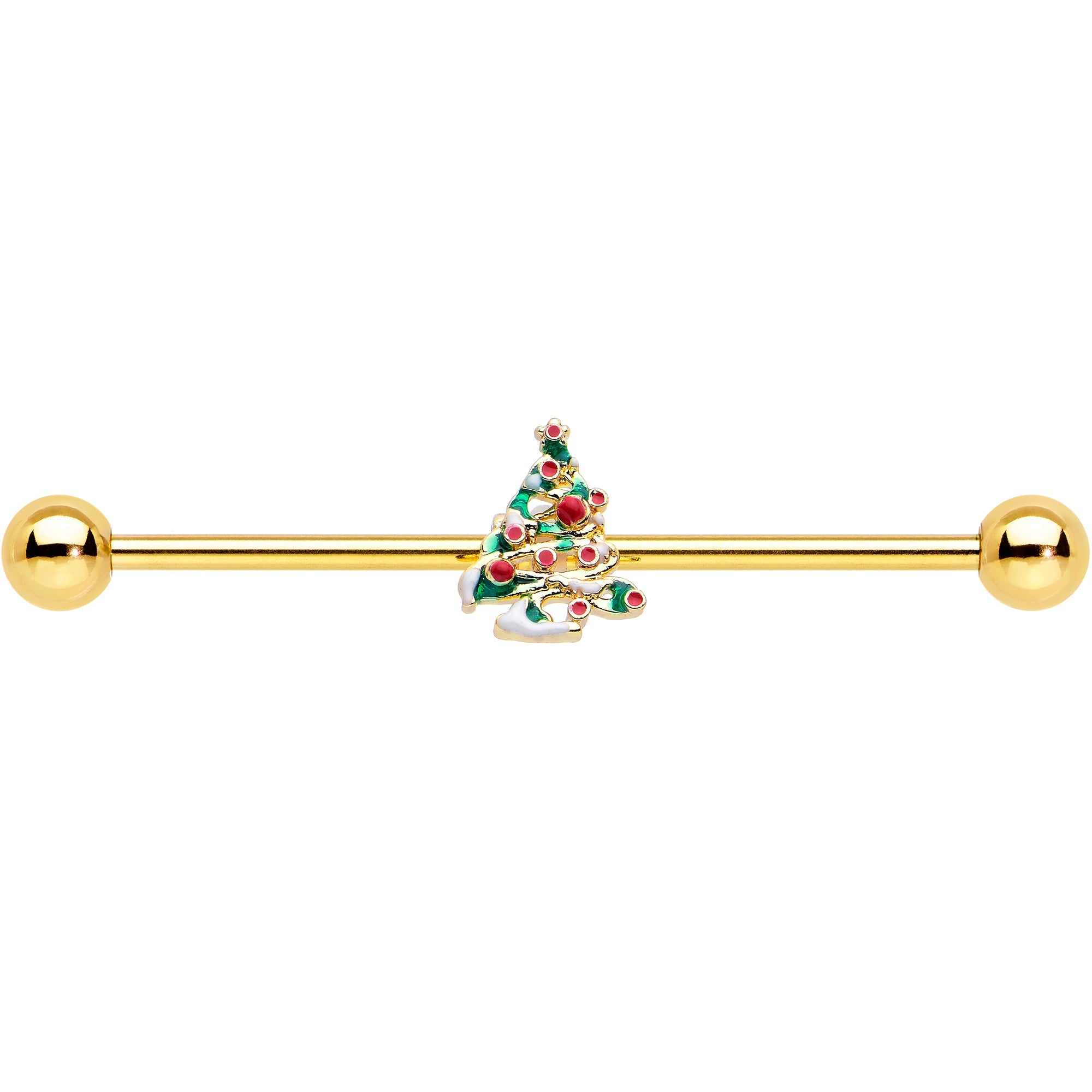 14G Gold Tone Snowy Christmas Tree Holiday Industrial Barbell 38mm