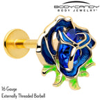 16G 5/16 Blue Gem Gold Tone Deep Blue Flower Labret Monroe Tragus