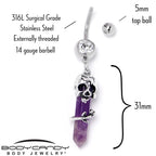 Purple Amethyst Skull Obelisk Rose Dangle Belly Ring