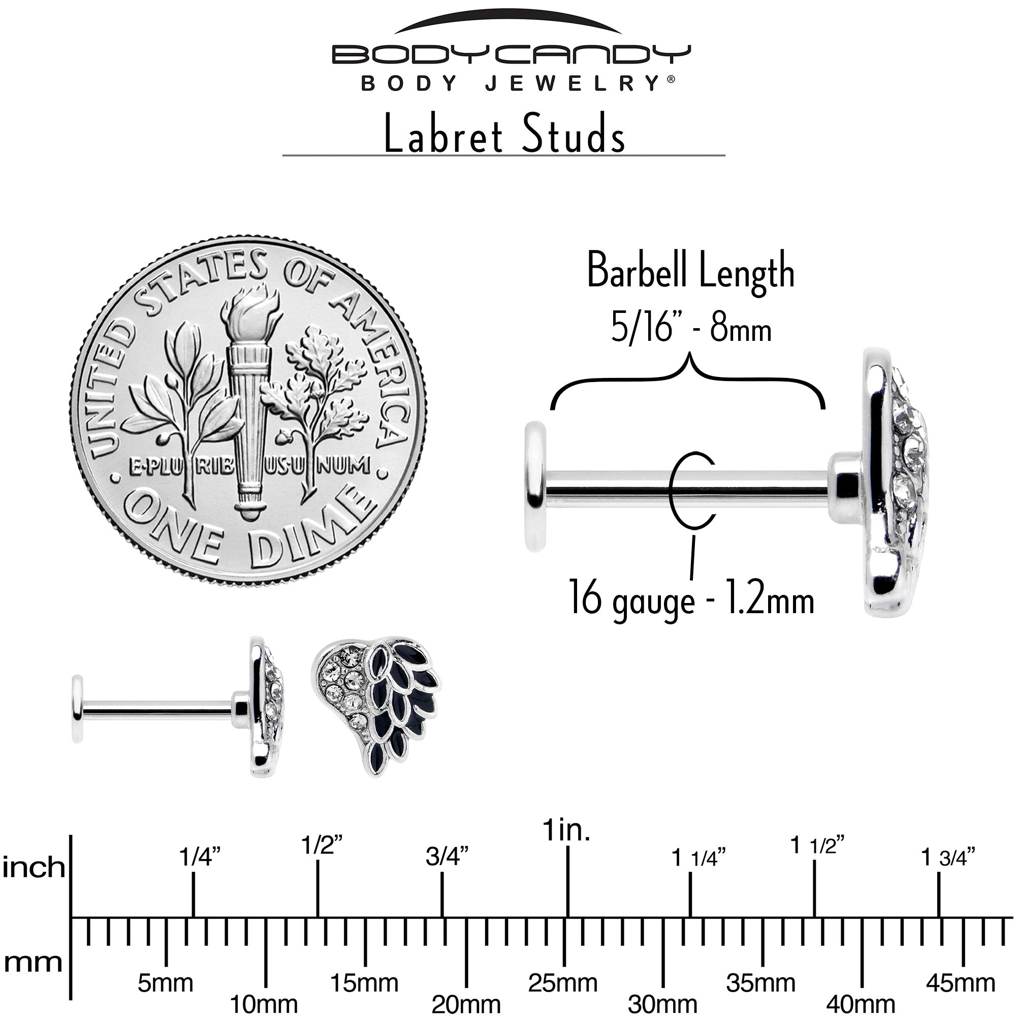 16G 5/16 Clear Gem Heavenly Heart Angel Wing Black Labret Tragus