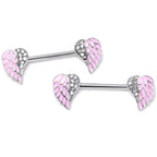 14G 9/16 Clear Gem Heavenly Heart Angel Wing Pink Nipple Ring Set