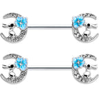 14G 9/16 Clear Gem Rabbit On Moon Flower Blue Nipple Ring Set