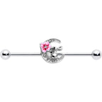 14G Clear Gem Rabbit On Moon Flower Pink Industrial Barbell 38mm