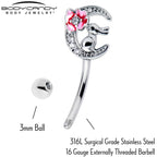 16G 5/16 Clear CZ Gem Rabbit On The Moon Pink Curved Eyebrow Ring