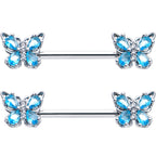 14G 9/16 Blue Gem Baroque Beauty Butterfly Barbell Nipple Ring Set