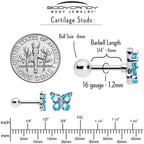 16G 1/4 Blue Gem Baroque Beauty Butterfly Cartilage Tragus Earring