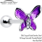 16G 1/4 Clear Gem Chunky Butterfly Purple Cartilage Tragus Earring