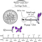 16G 1/4 Clear Gem Chunky Butterfly Purple Cartilage Tragus Earring