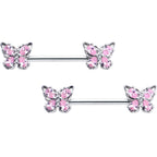 14G 9/16 Pink Gem Baroque Beauty Butterfly Barbell Nipple Ring Set
