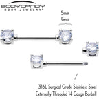 14G 9/16 Clear CZ Gem Forward Facing April Birthstone Nipple Ring Set