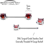 14G 9/16 Red CZ Gem January Birthstone Nipple Ring Set