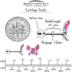 16G 1/4 Clear Gem Chunky Butterfly Pink Cartilage Tragus Earring
