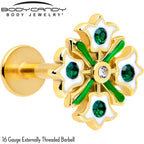 16G 1/4 Green Gem Gold Tone Flower Wreath Flatback Stud