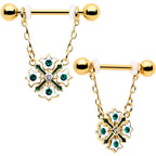 14G 9/16 Green Gem Gold Tone Flower Wreath Dangle Nipple Ring Set