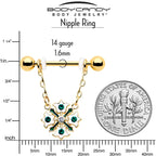 14G 9/16 Green Gem Gold Tone Flower Wreath Dangle Nipple Ring Set