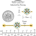 14G Green Gem Gold Tone Flower Wreath Industrial Barbell 38mm