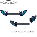14G 9/16 Black Bats in Blue Barbell Nipple Ring Set