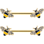 14G 3/4 Clear CZ Gem Gold Tone Bee Luv Barbell Nipple Ring Set