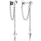 Clear Gem Chain Dangle Cross Stud Earrings