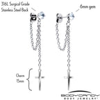 Clear Gem Chain Dangle Cross Stud Earrings