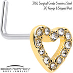 20G 7mm Clear Gem Golden Hollow Paved Heart L Shape Nose Ring