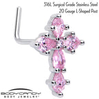 20G 7mm Pink CZ Gem Classic Cross L Shape Nose Ring