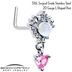 20G 7mm Pink CZ Gem Heart Mystique Dangle L Shape Nose Ring