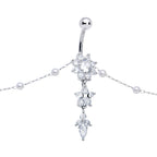 Clear CZ Gem Glamour Flower Faux Pearl Dangle Belly Ring Belly Chain