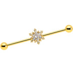 14G Clear CZ Gem Gold Tone Glam Snowflake Industrial Barbell 38mm