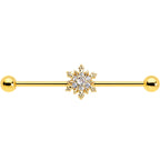 14G Clear CZ Gem Gold Tone Glam Snowflake Industrial Barbell 38mm