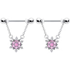 14G 9/16 Pink CZ Gem Glam Snowflake Chain Dangle Nipple Ring Set