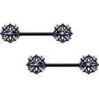 14G 9/16 Purple CZ Gem Black Flower Ring Barbell Nipple Ring Set