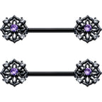 14G 9/16 Purple CZ Gem Black Flower Ring Barbell Nipple Ring Set