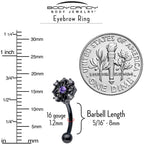 16G 5/16 Purple CZ Gem Black Flower Ring Curved Eyebrow Ring