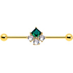 14G Green CZ Gem Gold Tone Rhombus Riot Industrial Barbell 38mm