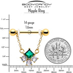 14G 9/16 Green CZ Gem Gold Tone Rhombus Riot Dangle Nipple Ring Set