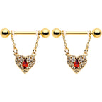 14G 9/16 Red CZ Gem Gold Tone Heart Queen Dangle Nipple Ring Set