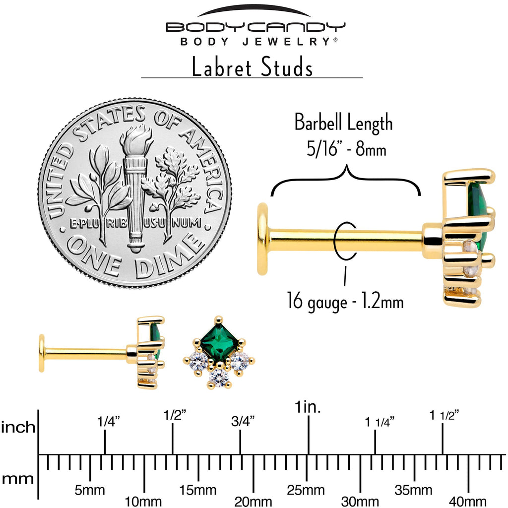 16G 5/16 Green CZ Gem Gold Tone Rhombus Riot Flatback Stud