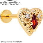 16G 5/16 Red CZ Gem Gold Tone Heart Queen Flatback Stud