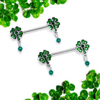 14G 9/16 Green Gem Shamrock Glam St Patricks Dangle Nipple Ring Set