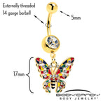 Clear Gem Gold Tone Color Block Butterfly Dangle Belly Ring