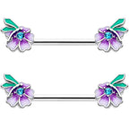 14G 9/16 Blue Gem Faerie Flower Purple Barbell Nipple Ring Set