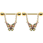 14G 9/16 Clear Gem Gold Tone Color Block Butterfly Dangle Nipple Ring Set