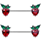 14G 9/16 Red Green Gem Strawberry Heart Barbell Nipple Ring Set