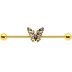 14G Clear Gem Gold Tone Color Block Butterfly Industrial Barbell 38mm