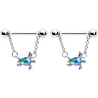 14G 9/16 Glitter Turtle Chain Dangle Nipple Ring Set