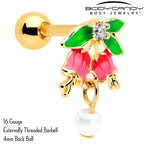 16G 1/4 Clear CZ Gem Gold Tone Bell Flower Cartilage Tragus Earring