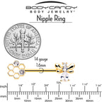 14G 9/16 Clear CZ Gem Gold Tone Bee Hive Luv Barbell Nipple Ring Set
