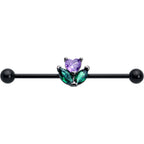 14G Purple Green CZ Gem Black Love Flower Industrial Barbell 38mm