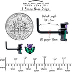 20G 7mm Purple Green CZ Gem Black Love Flower L Shape Nose Ring
